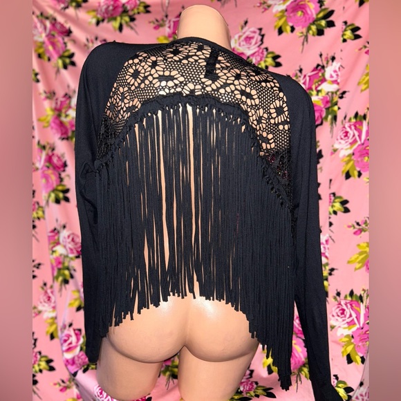 Fringe Bolero cropped cover up top long sleeve sheer mesh lace black sweater - Picture 1 of 5